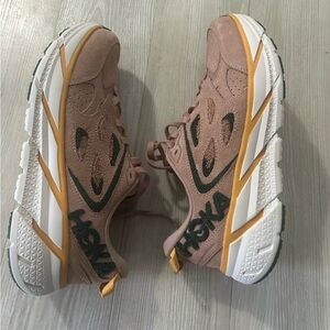 Hoka Clifton one one L Embroidery Suede tan green yellow brown size 9.5 women’s